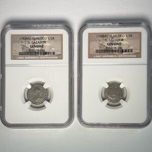 SET of 2 – 1748 & 1783 Mexico 1/2 Real El Cazador Shipwreck Coins (NGC)